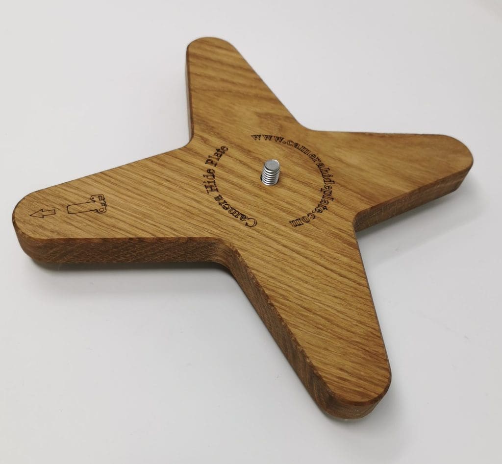 top view of the wooden camera mount with a bolt in place ready for gimbal