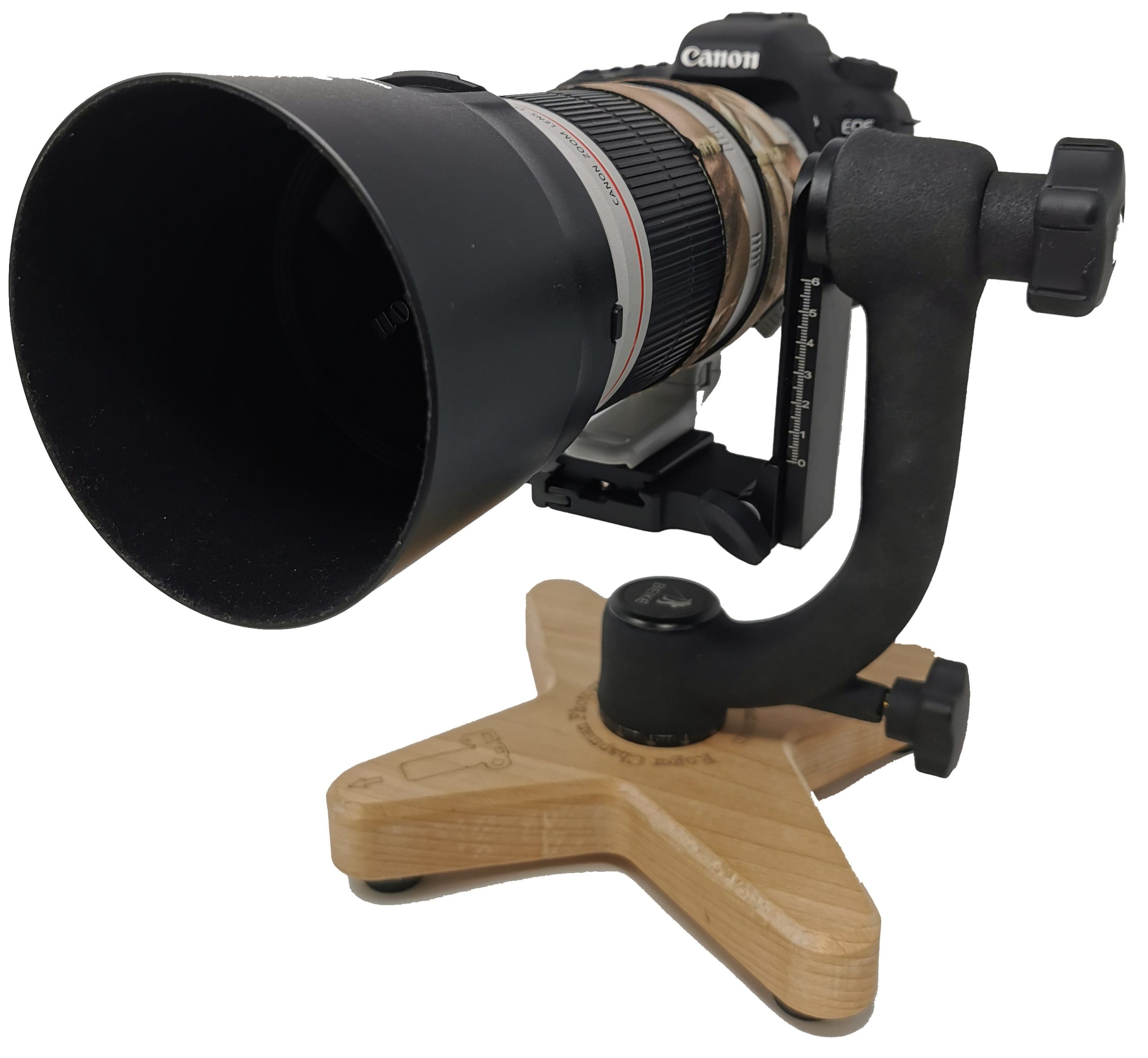 front view of the camera hide plate supporting a gimbal to which is attached a DSLR with long lens
