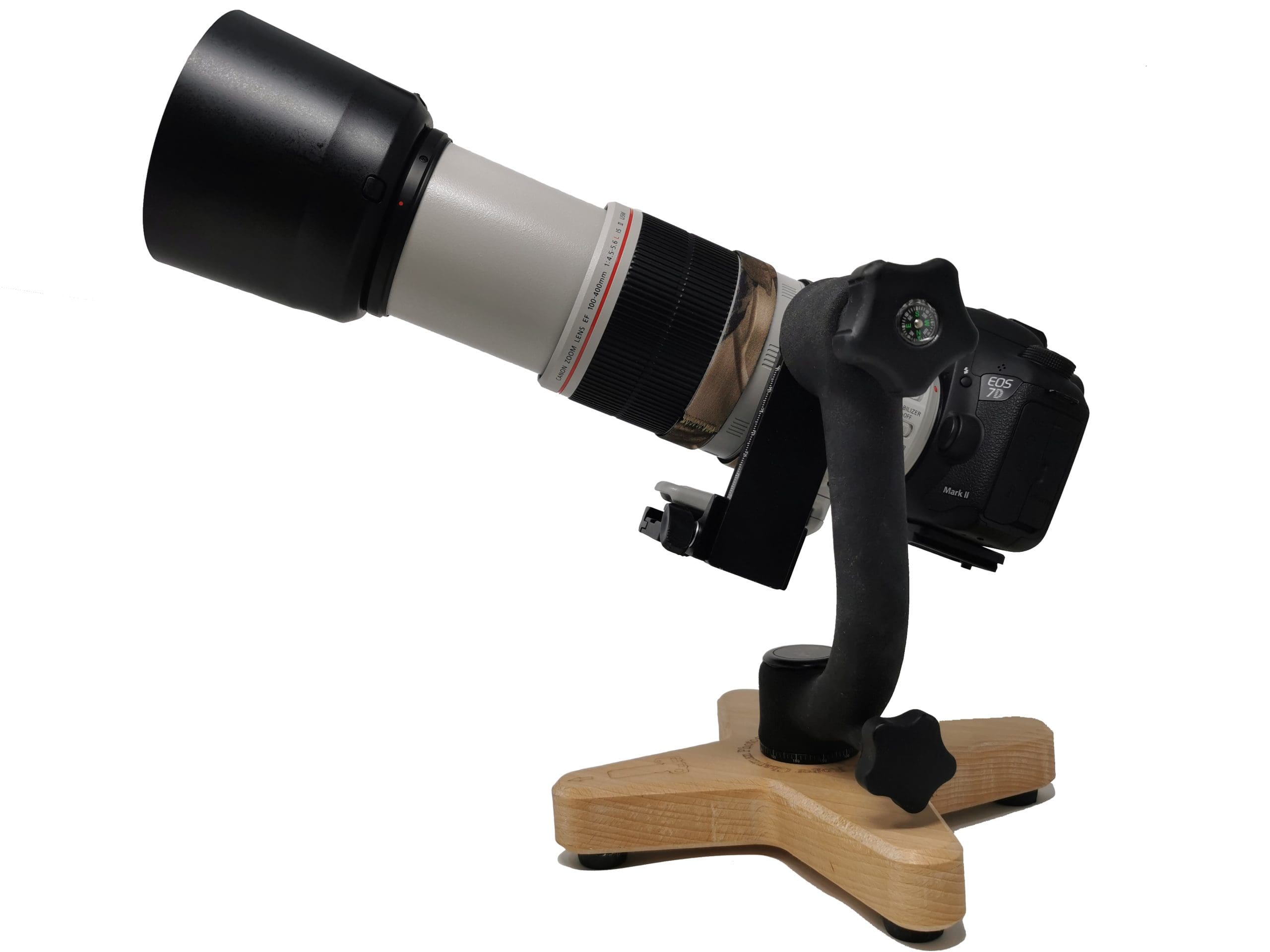 side view of the camera hide plate supporting a gimbal to which is attached a DSLR with long lens