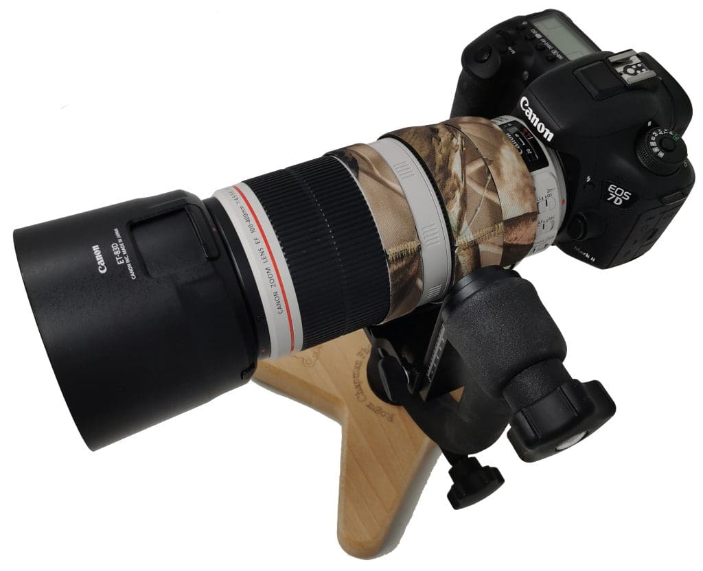 animal photography - top down view of the camera hide plate supporting a gimbal to which is attached a DSLR with long lens