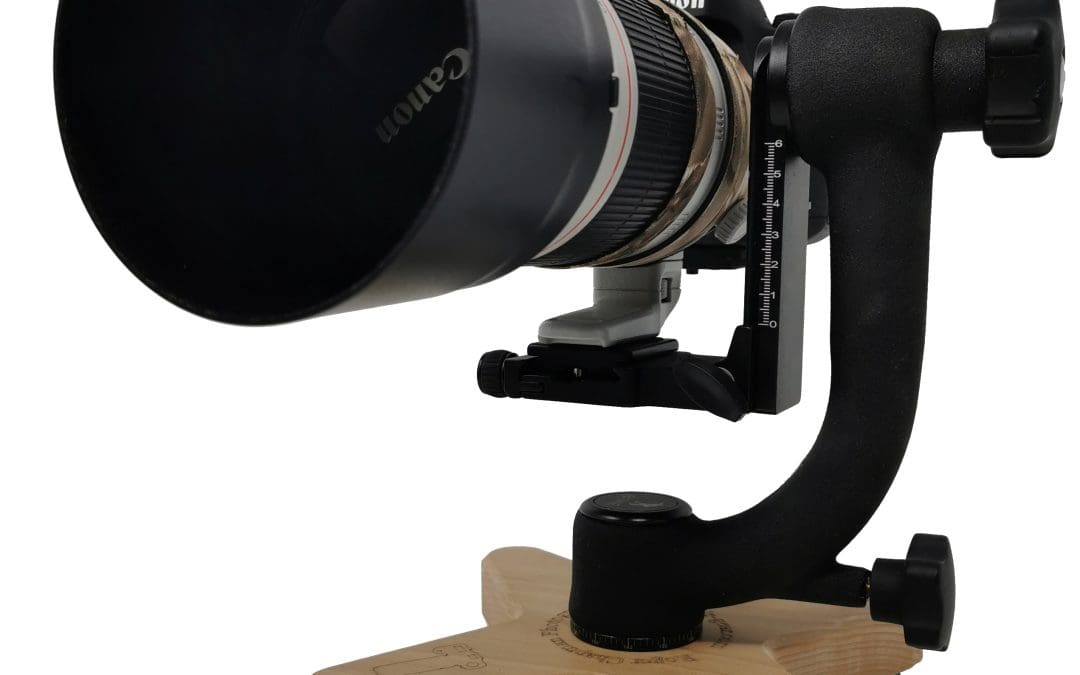 front on view of the camera hide plate supporting a gimbal to which is attached a DSLR with long lens